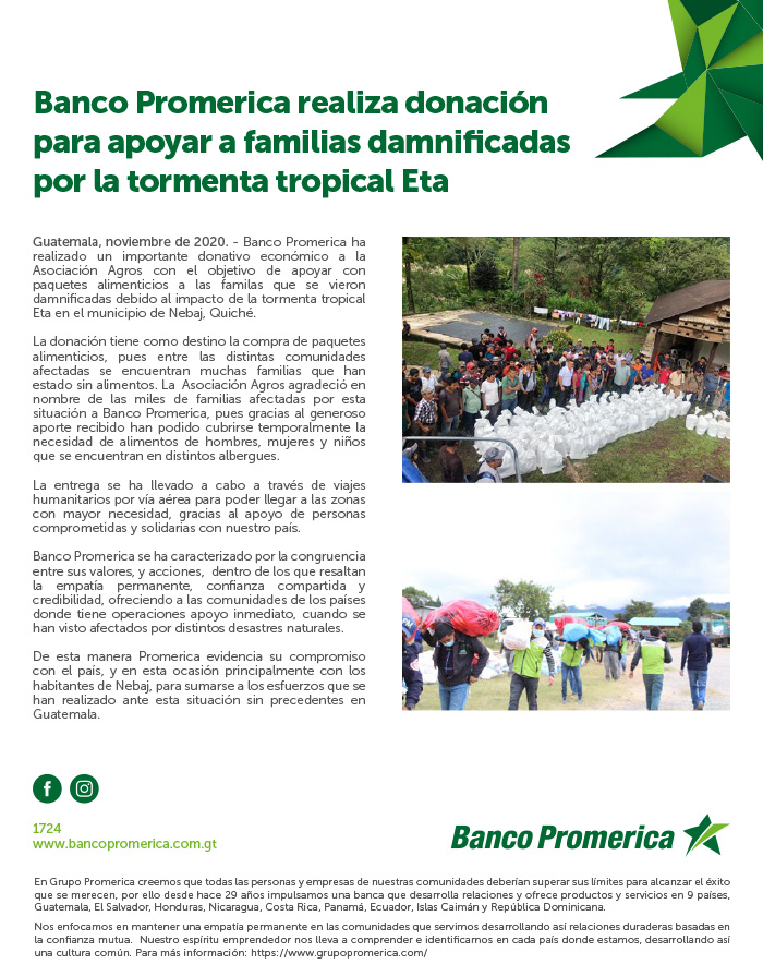 Banco Promerica realiza donación para apoyar a familias damnificadas por la tormenta tropical Eta